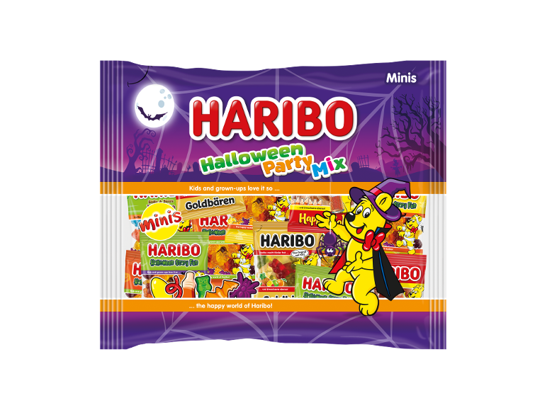 Caramelle gommose alla frutta Haribo Halloween Party Mix in un sacchetto viola a tema spaventoso.