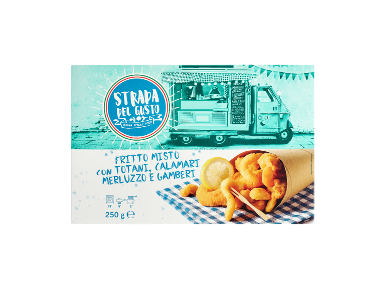 Fritto misto di totani, calamari, merluzzo e gamberi con un food truck.
