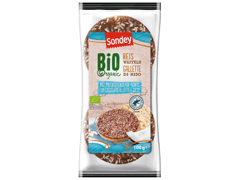 Gallette di riso biologiche con cioccolato al latte e cocco, 100 g.