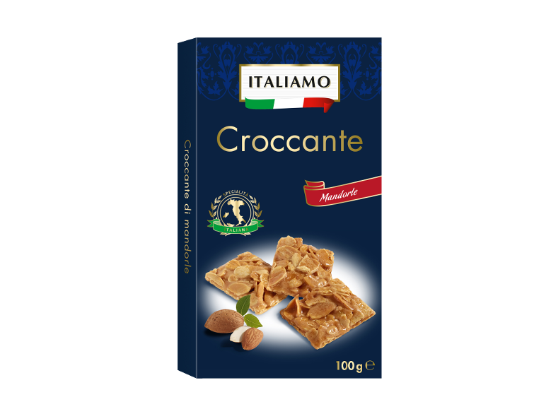 Confezione di biscotti italiani Croccante alle mandorle con mandorle intere e a lamelle.
