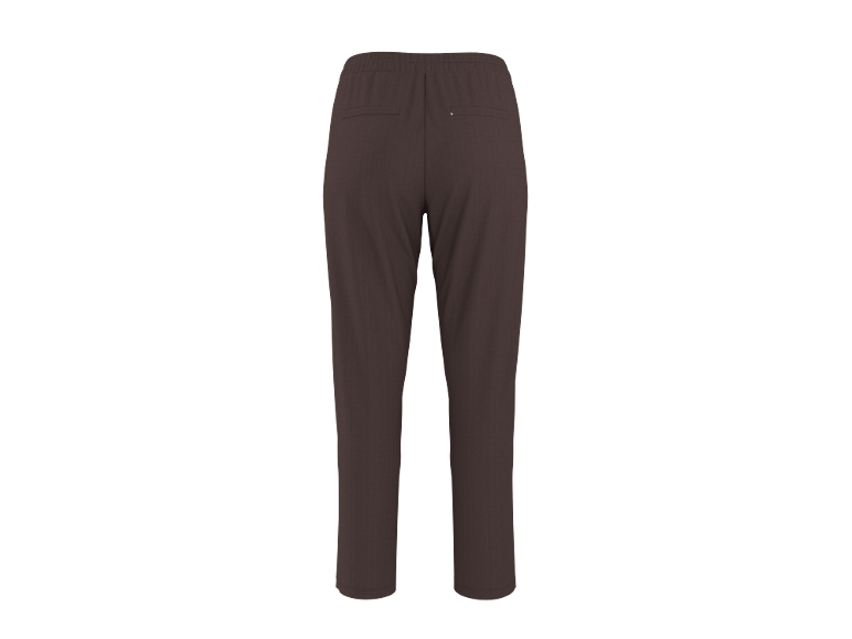 Pantaloni marrone scuro con elastico in vita e tasche posteriori, vista posteriore.