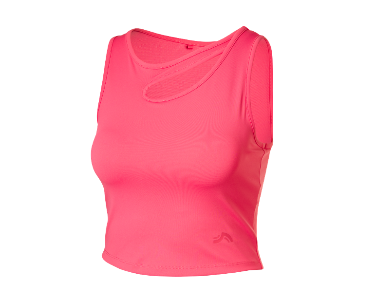 Top sportivo rosa da donna con dettaglio cut-out sulla scollatura.