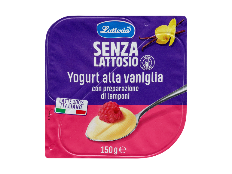 Yogurt alla vaniglia senza lattosio con preparazione di lamponi, 150 g.