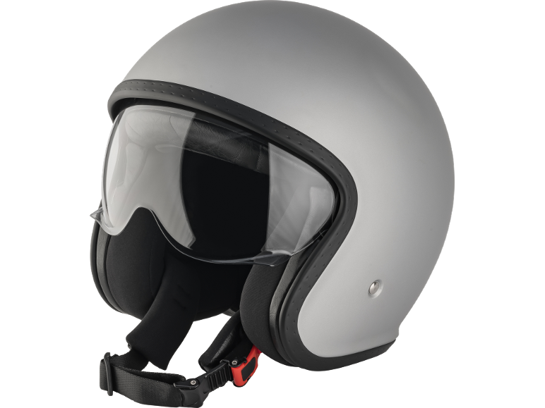 Casco da moto grigio chiaro con visiera e sottogola nero.