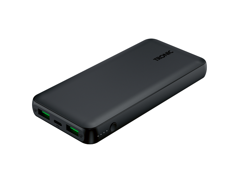 Power bank nero con porte USB e indicatori LED.