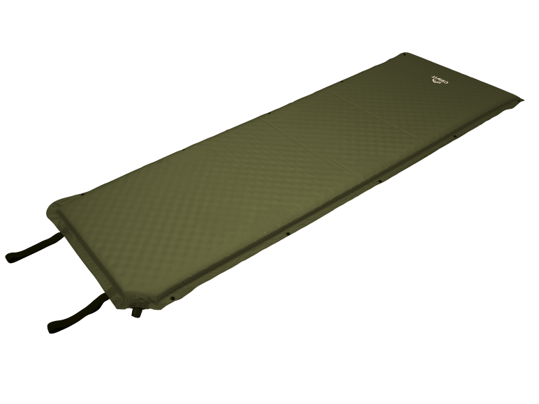 Materassino gonfiabile verde oliva per campeggio con cinghie di fissaggio.