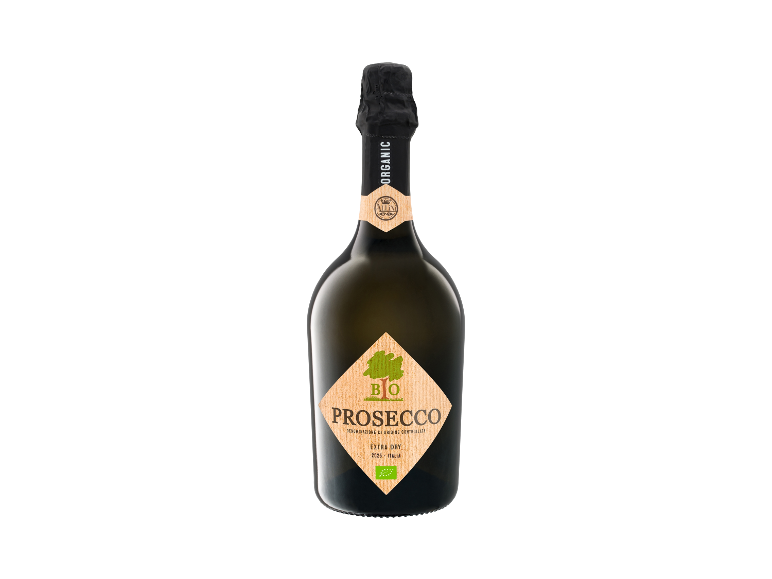 ALLINI Bio Prosecco Spumante Extra Dry, biologico, in una bottiglia scura con etichetta in legno.