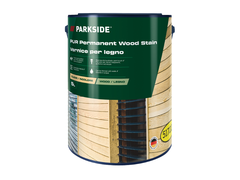 Latta da 5L di vernice trasparente per legno per interni ed esterni.