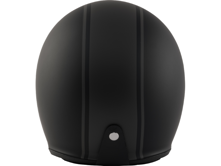 Casco da motociclista nero con due strisce grigie sulla parte superiore.