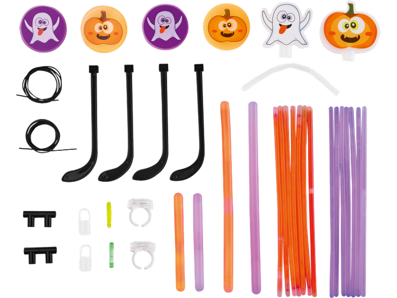 Kit di Halloween con accessori per bastoncini luminosi, inclusi fantasmi e zucche.