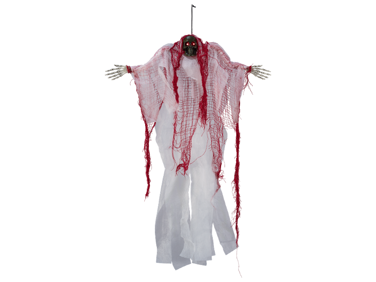 Decorazione di Halloween appesa di uno scheletro con occhi rossi e abito bianco/rosso.