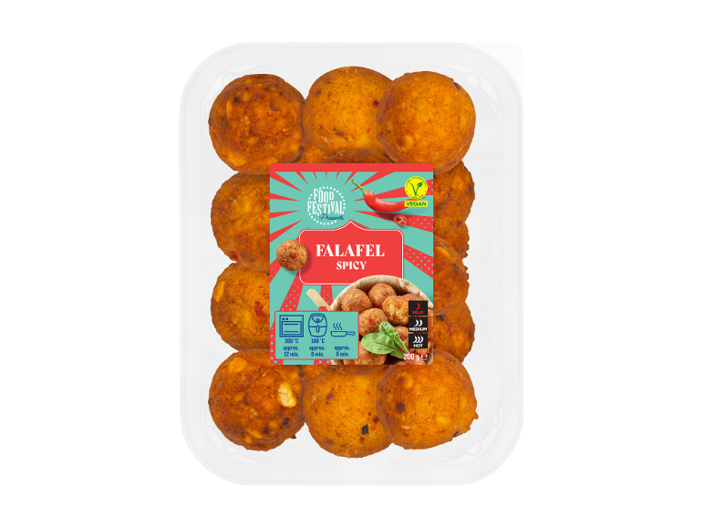 Vassoio di falafel piccanti con etichetta vegana e istruzioni di cottura.