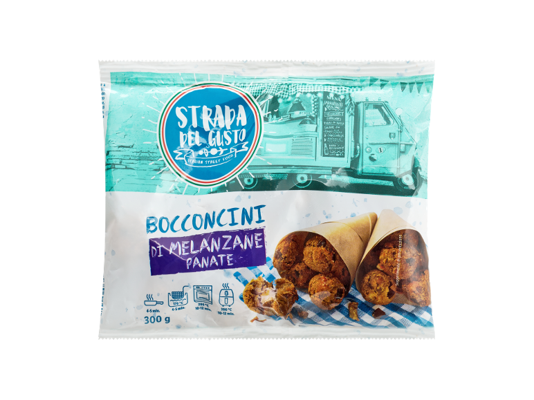 Bocconcini di melanzane panate, stile street food italiano, con istruzioni di cottura.