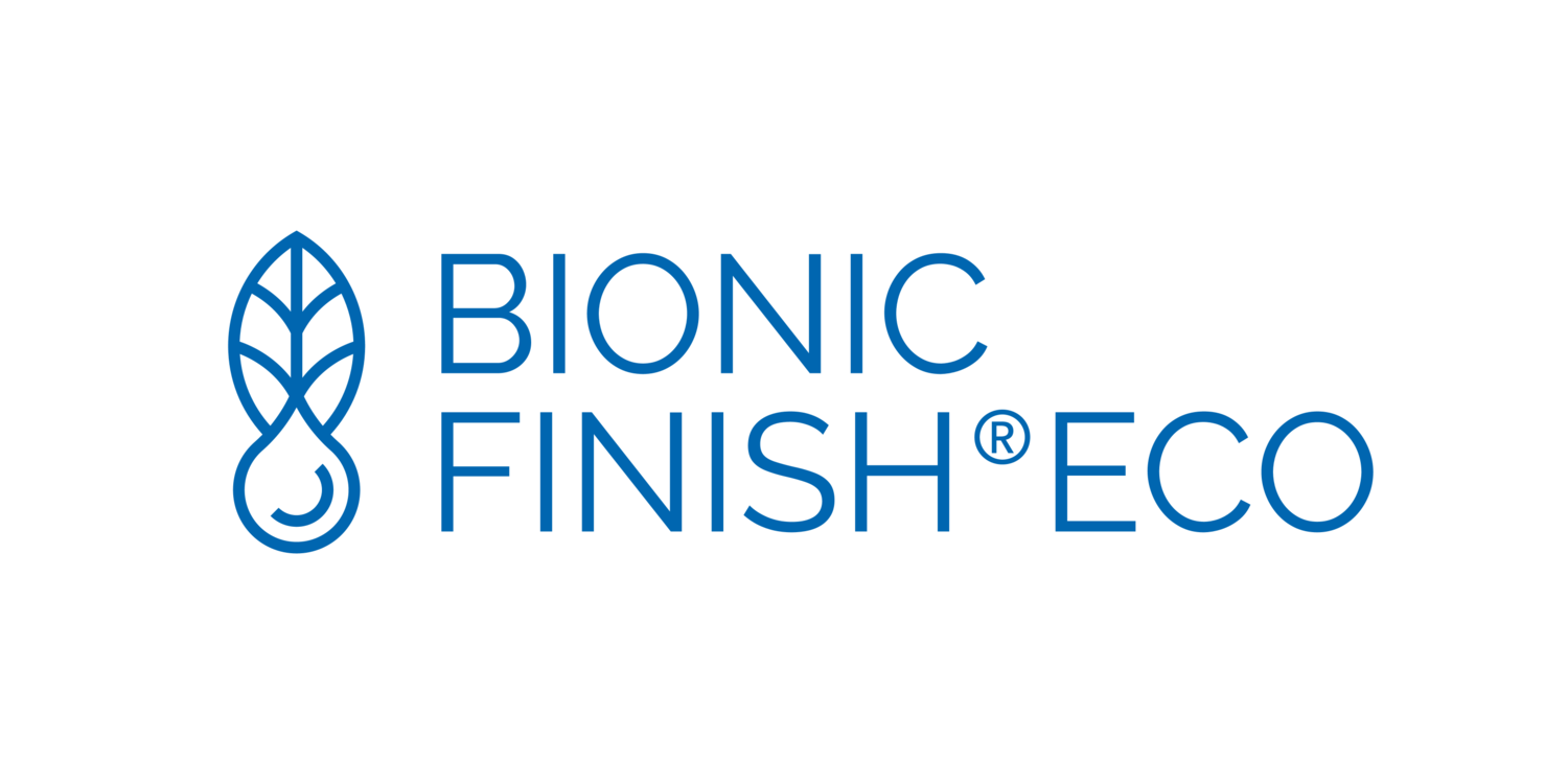 Logo BIONIC FINISH®ECO con motivo a foglia e goccia d'acqua.