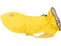 Impermeabile giallo per cani con impronta di zampa e fodera a righe.