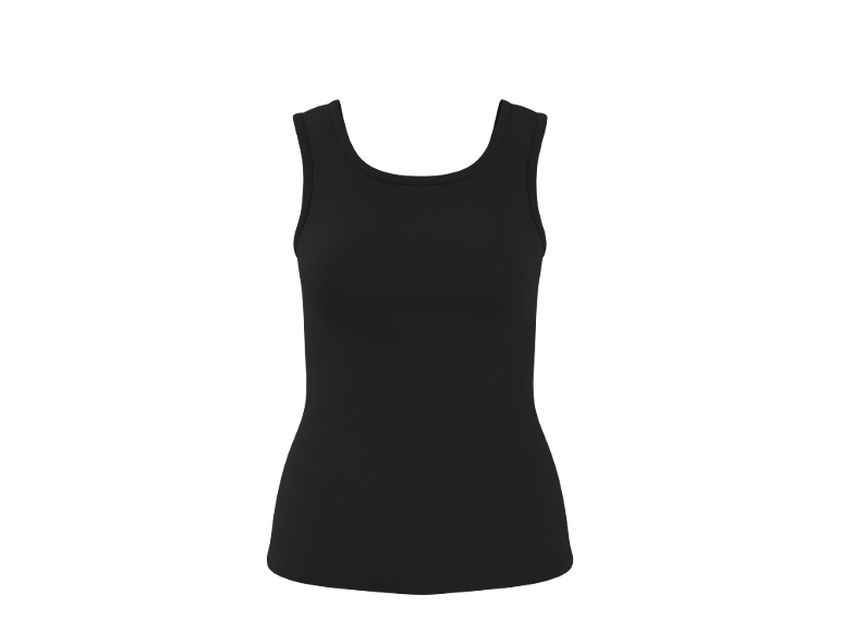 Top a costine nero con scollo rotondo.