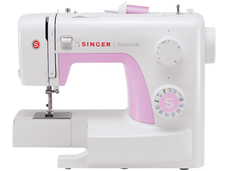 Macchina da cucire bianca e rosa con una bobina di filo rosa