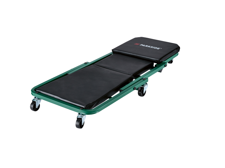Carrello da officina verde con ruote e imbottitura nera