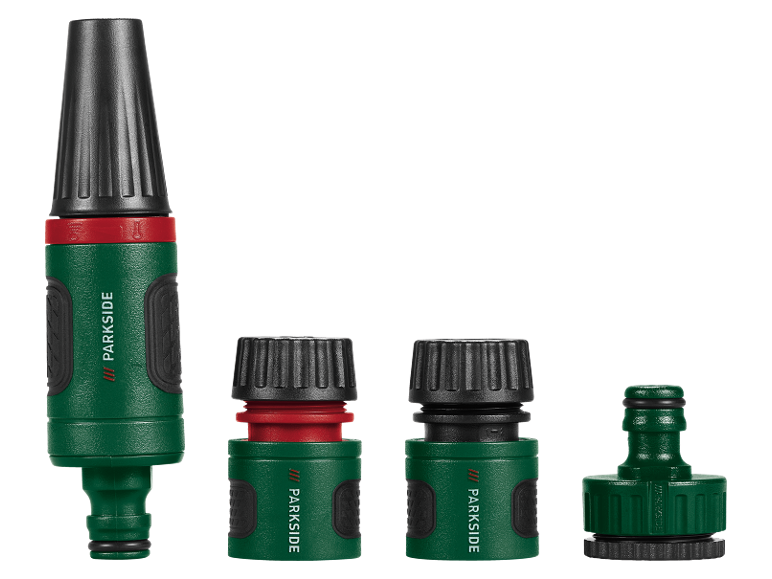 Set di ugelli e connettori per tubo da giardino verdi e rossi.