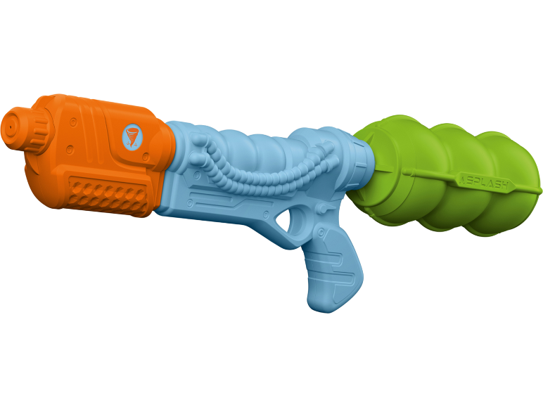 Pistola ad acqua giocattolo arancione, blu e verde con logo a vortice e scritta 'SPLASH'.