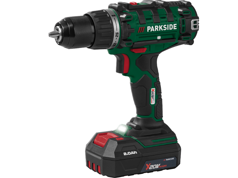 Trapano avvitatore a batteria verde e nero con batteria da 2.0Ah e luce LED.