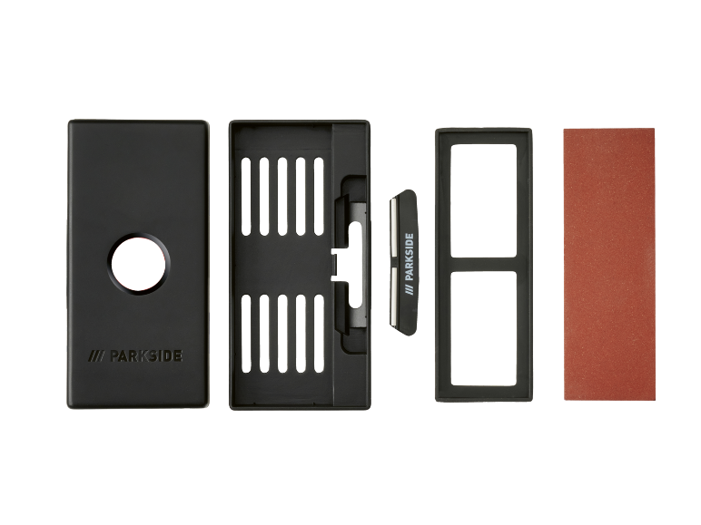 Set per affilare coltelli con custodia nera, pietra affilatrice e accessori.