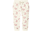 Pantaloni beige per bambini con motivo di arcobaleni e cuori.