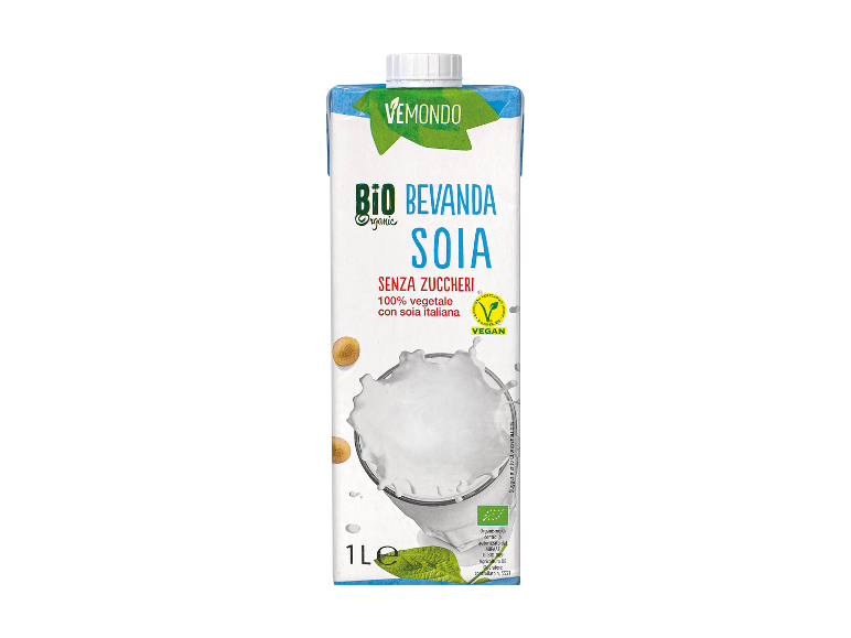 Bevanda di soia biologica, senza zuccheri, 100% vegetale con soia italiana, cartone da 1L.