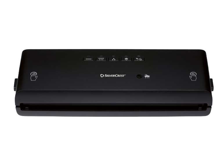 Sigillatrice sottovuoto nera con pannello di controllo e vari pulsanti funzione.