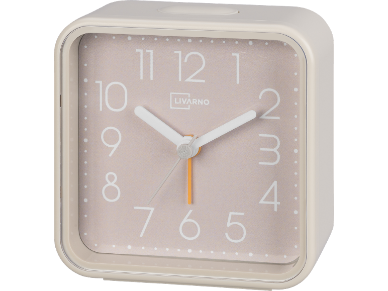 Sveglia quadrata beige con numeri e lancette bianche.
