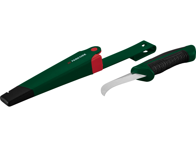 Coltello da giardinaggio verde con lama curva e manico nero, completo di fodero verde.