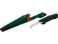 Coltello da giardinaggio verde con lama curva e manico nero, completo di fodero verde.