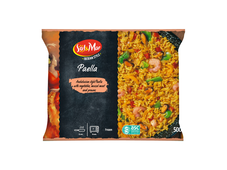 Paella andalusa surgelata con verdure, carne di cozze e gamberi.