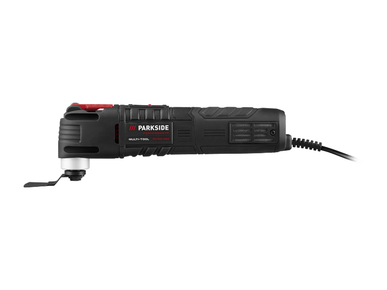 Utensile multifunzione nero e rosso con la scritta 'MULTI-TOOL PPFMW 550' e una lama attaccata.