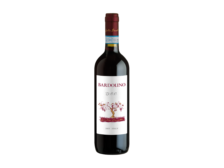 Bottiglia di vino rosso Bardolino D.O.C. con etichetta raffigurante un albero di vite.