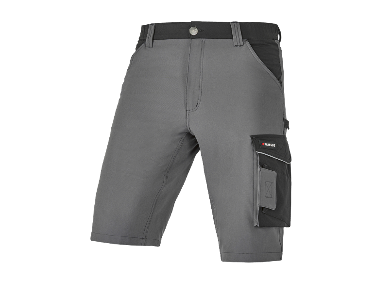 Pantaloncini da lavoro grigi con dettagli neri e una tasca laterale.