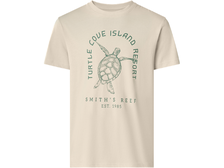 Maglietta bianca con stampa di tartaruga e testo 'Turtle Cove Island Resort, Smith's Reef, Est. 1985'.