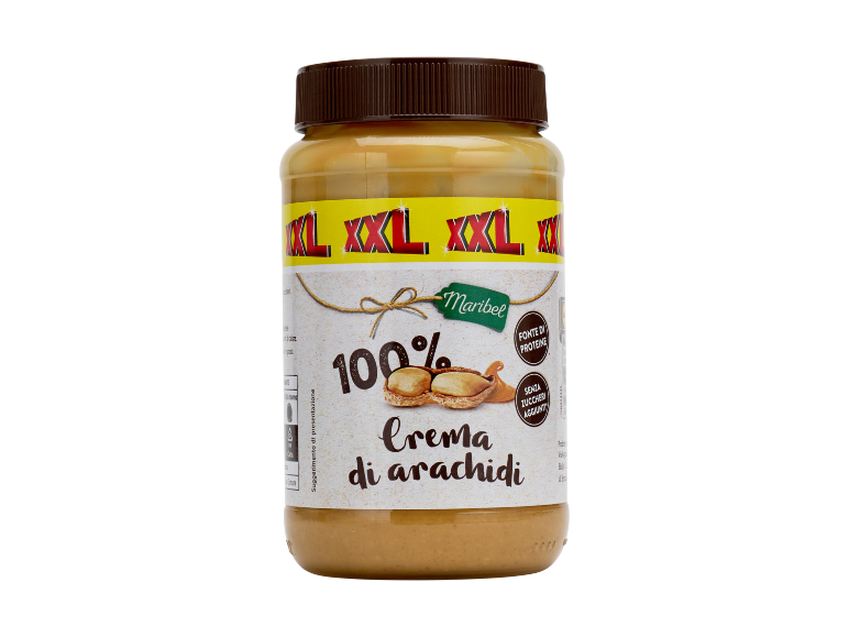 Crema di arachidi 100% fonte di proteine e senza zuccheri aggiunti.
