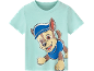 Maglietta per bambini verde menta con stampa di un cane cartone animato con cappello blu.