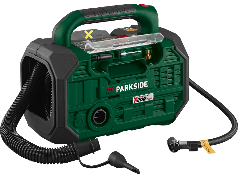 Compressore e gonfiatore verde con tubi e ugelli.