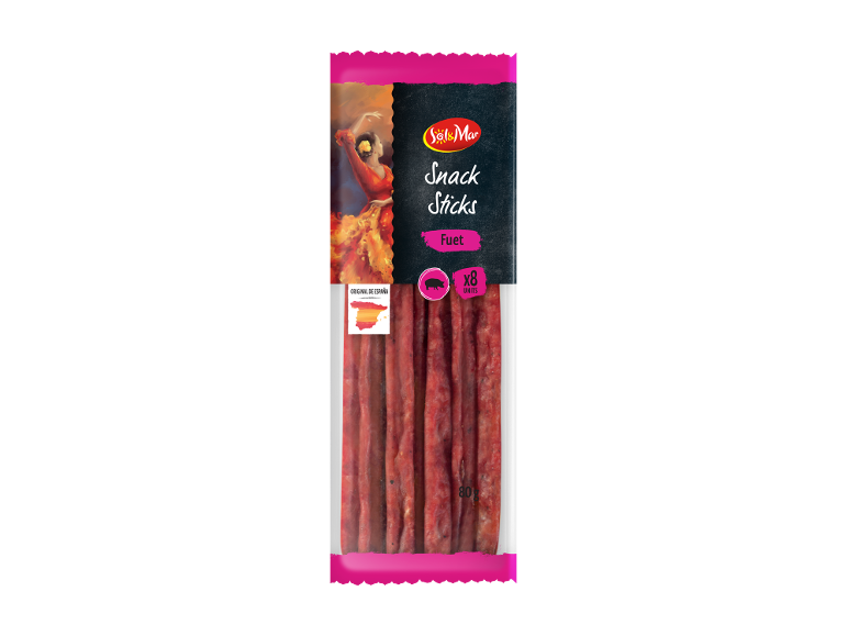 Confezione da 8 bastoncini di fuet, 80g, con una ballerina spagnola.