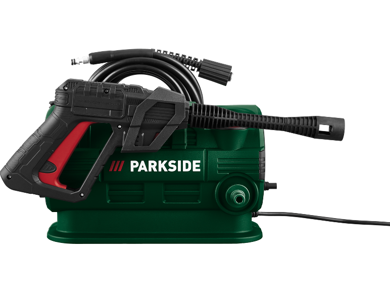 Idropulitrice verde con pistola a pressione nera e rossa e tubo.
