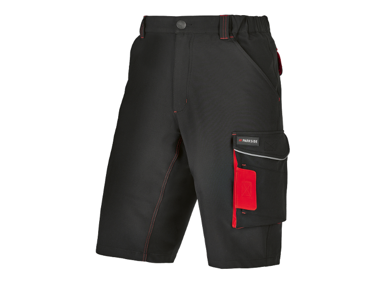 Pantaloncini da lavoro neri con cuciture rosse e tasca laterale.