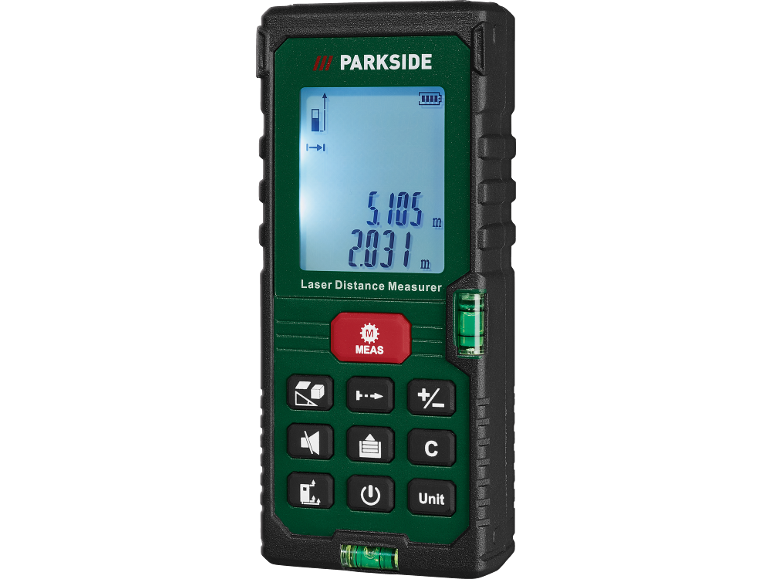 Misuratore di distanza laser che mostra 5.105m e 2.031m, con vari pulsanti funzione.
