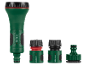 Set di accessori per l'irrigazione e connettori per tubo, verdi con accenti neri e rossi.