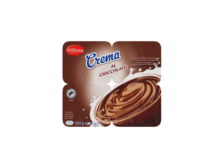 Crema al cioccolato in confezione da quattro, peso totale 500g.