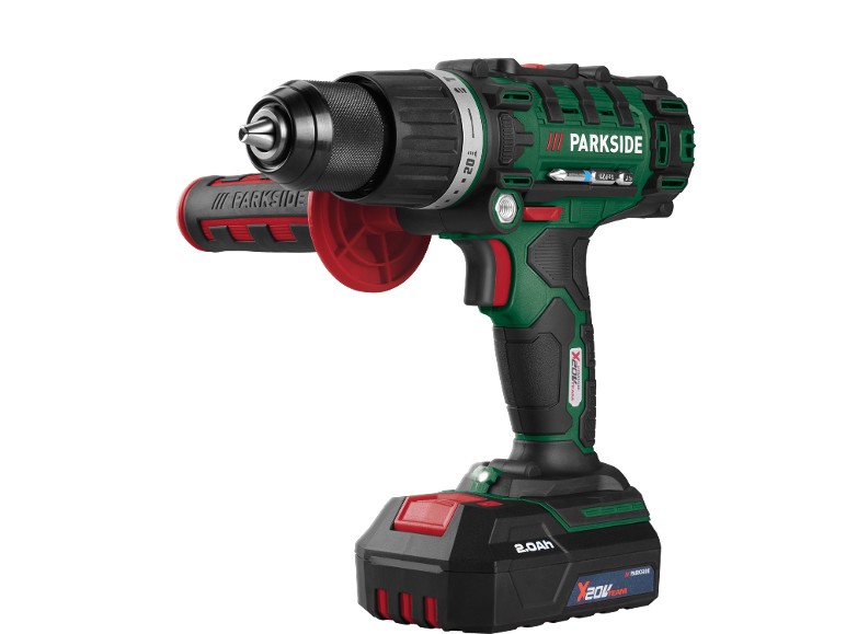 Trapano avvitatore brushless con batteria da 20V e impugnatura ausiliaria.