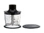 Robot da cucina con ciotola trasparente, misura fino a 500 ml, e coperchio separato.