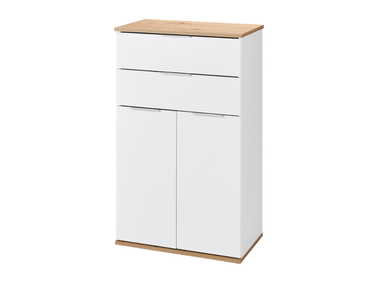 Cassettiera bianca con due cassetti e due ante, piano e base effetto legno.