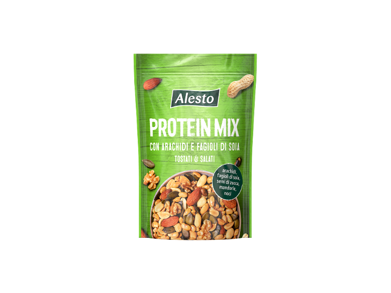 Busta verde di mix proteico con arachidi, fagioli di soia, semi di zucca, mandorle e noci.